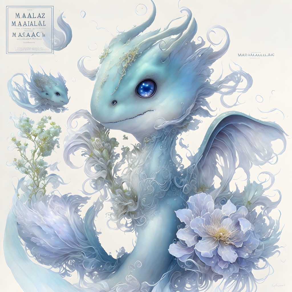 Whimsical blue dragons with floral motifs and expressive eyes