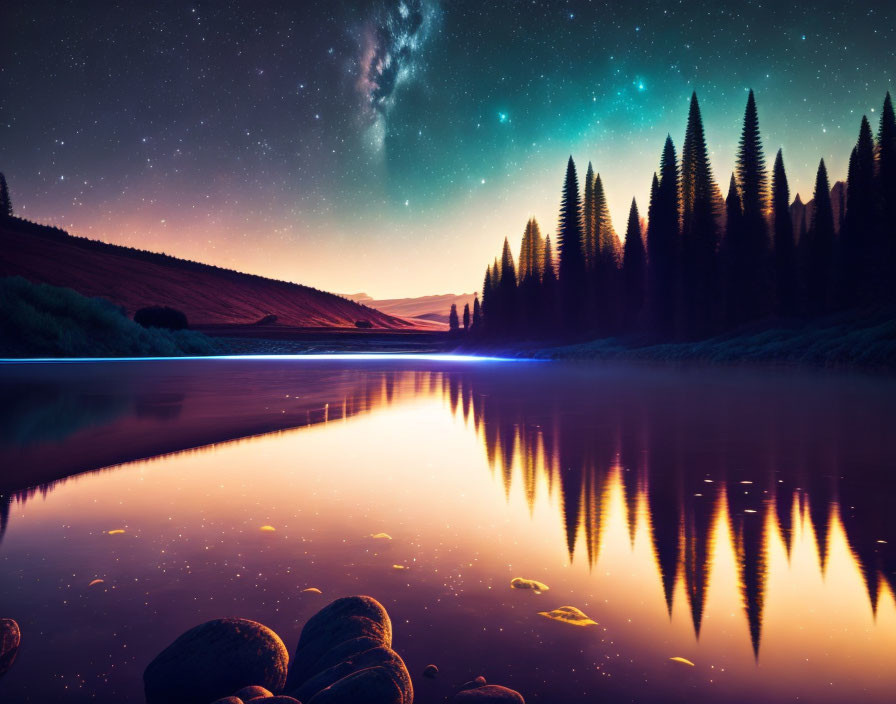 Tranquil lakeside scene at twilight with starry sky, Milky Way, and reflective pine forest