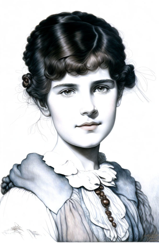 Realistic pencil drawing of young girl with wavy hair and ruffled collar