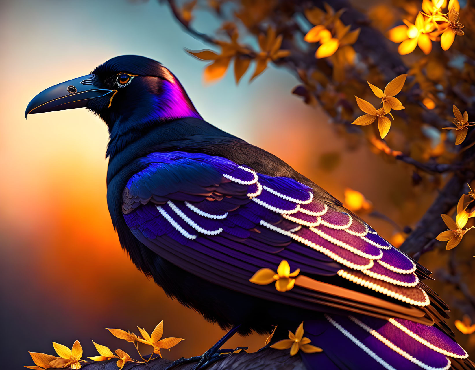 Colorful Raven Perched on Branch with Orange Foliage and Warm Background