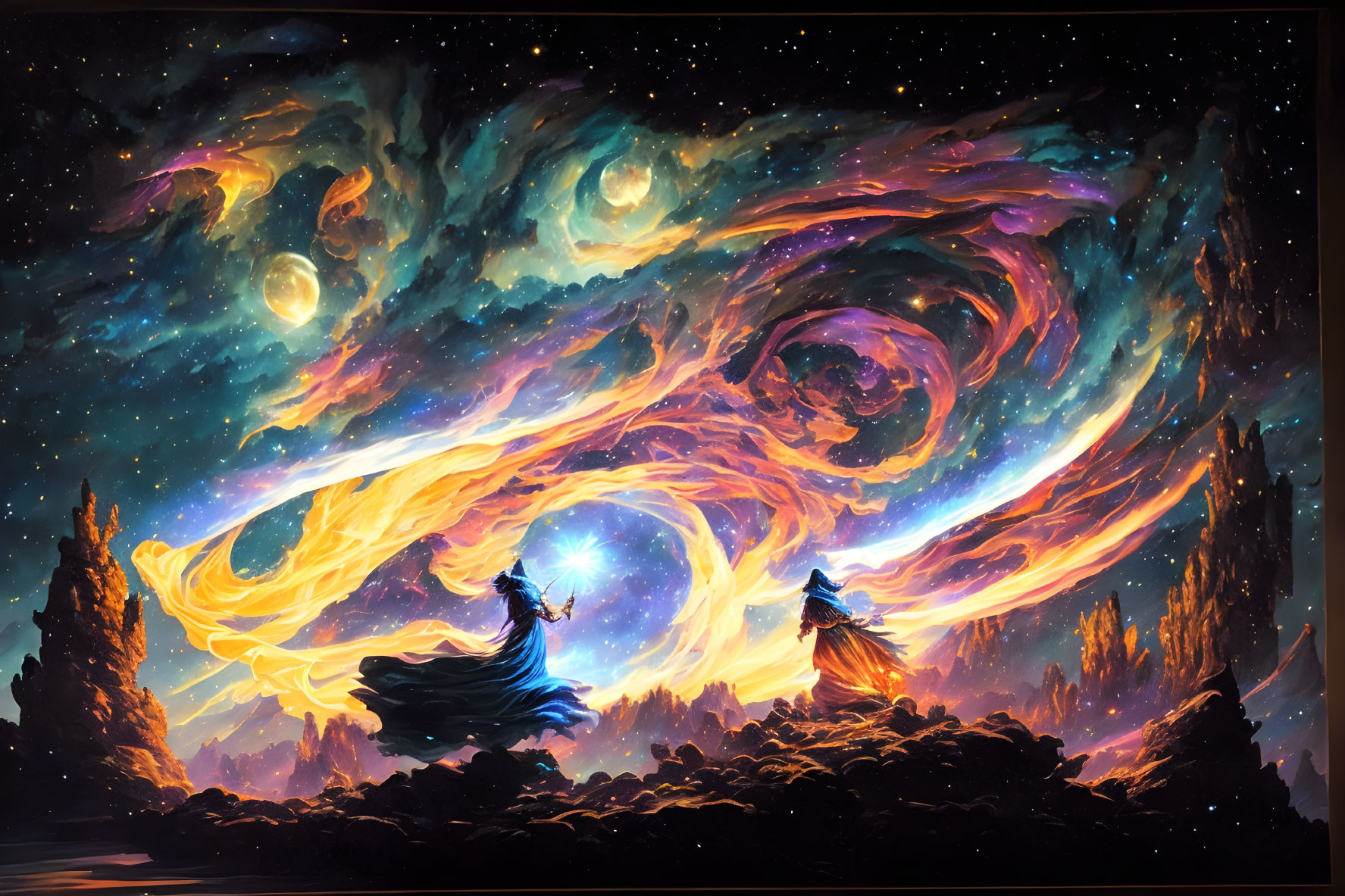 Robed Figures Facing Cosmic Swirl in Starlit Landscape