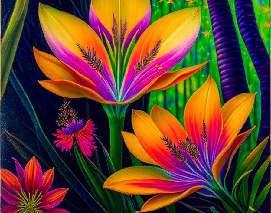 Colorful Stylized Flowers in Orange and Yellow Against Dark Background