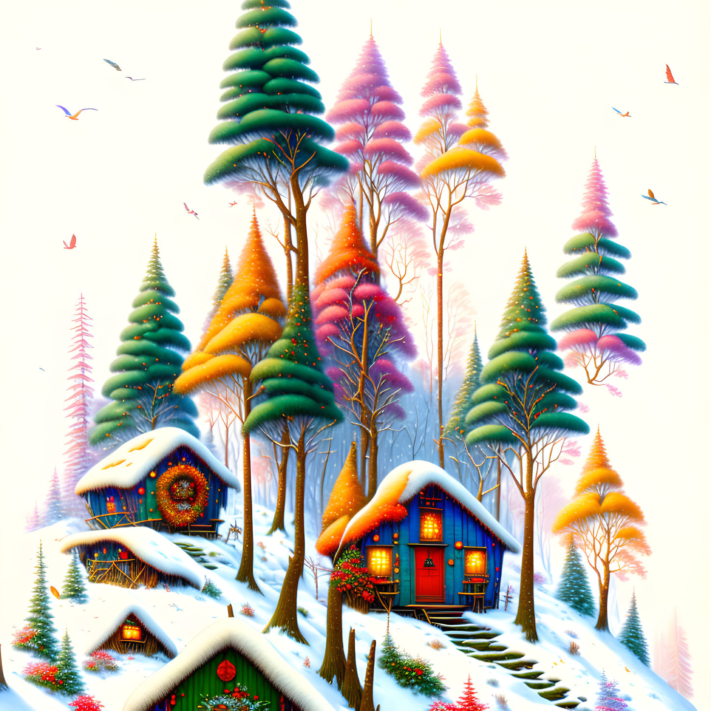 Colorful Winter Landscape with Snow-Covered Houses and Pine Trees