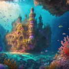 Colorful underwater scene with castle, coral, fish, and cavernous backdrop