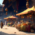 Colorful Market with Hanging Textiles, Terracotta Pots, and Traditional Attire People