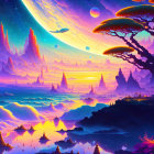 Fantasy landscape with purple hues, mushroom-like trees, large moon, distant planets, sailing ships,