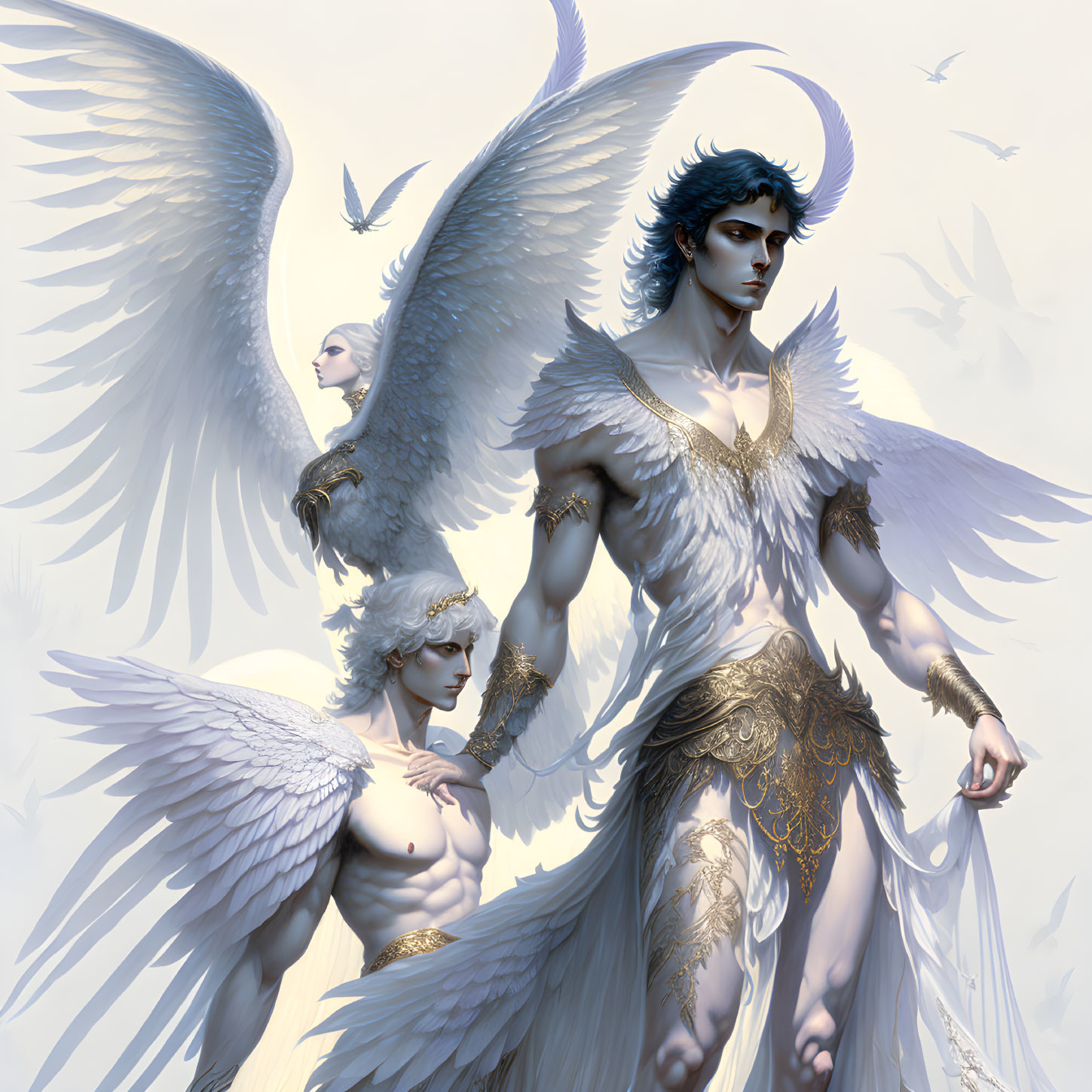 Digital artwork featuring two angelic figures with white feathered wings and golden armor on a light background