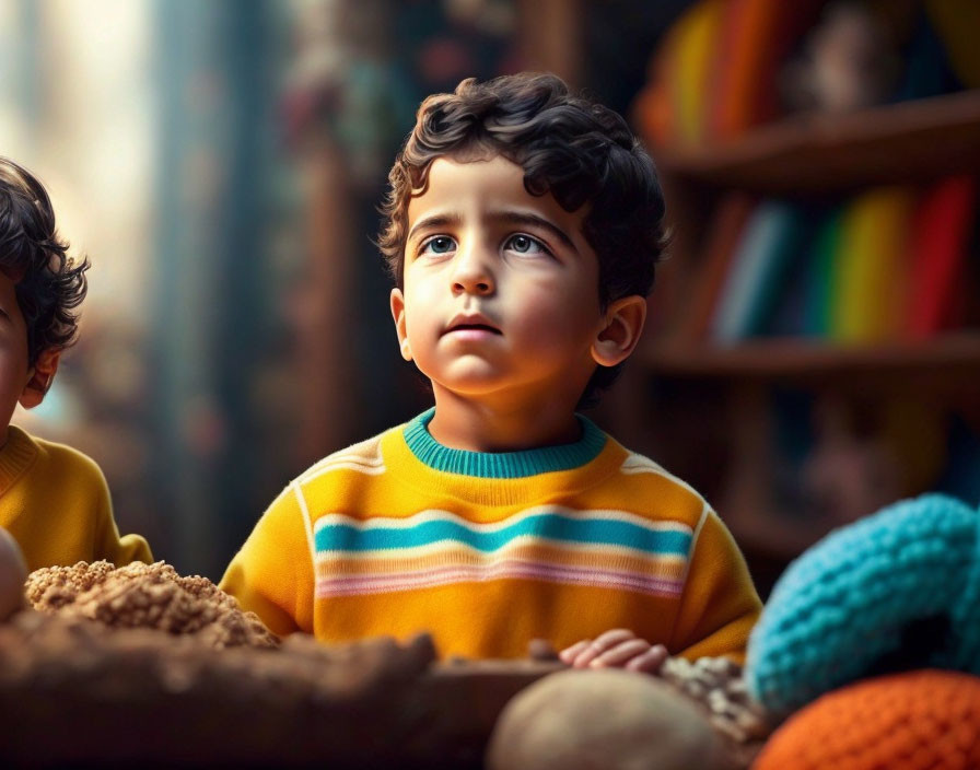 Young boy in yellow striped sweater surrounded by colorful elements with soft lighting