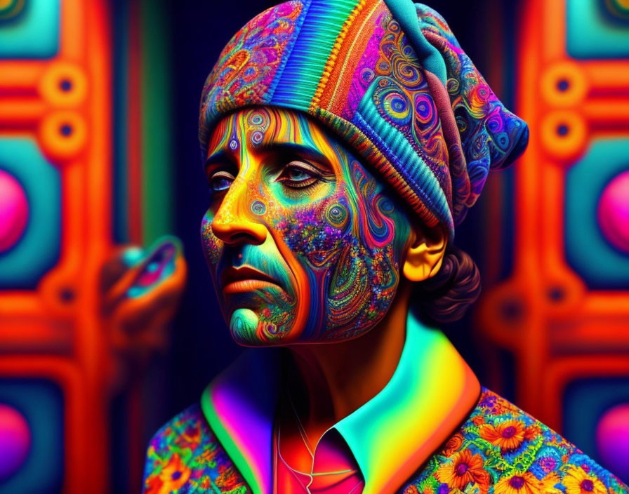 Colorful portrait of person with psychedelic face paint and attire on patterned backdrop