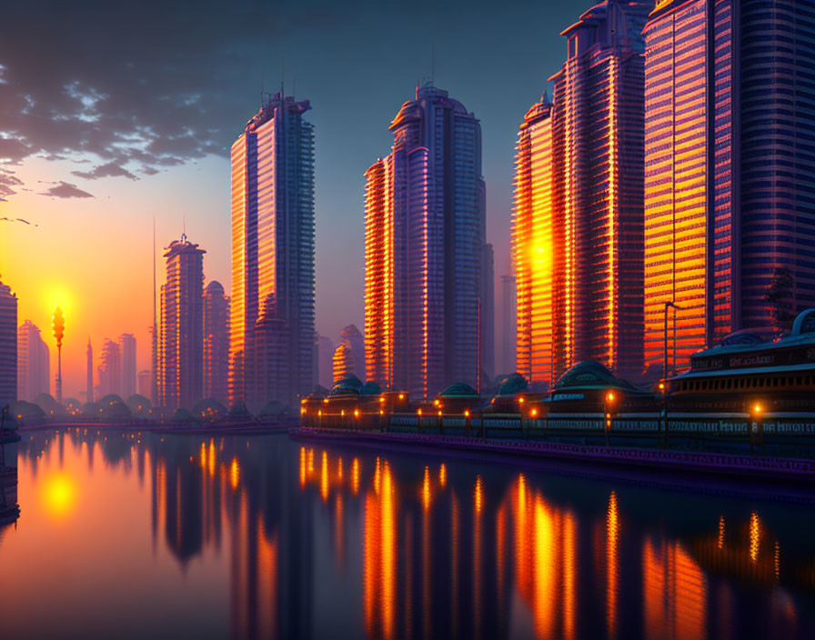 Urban skyline at sunset with river, passing train, and hazy orange sky