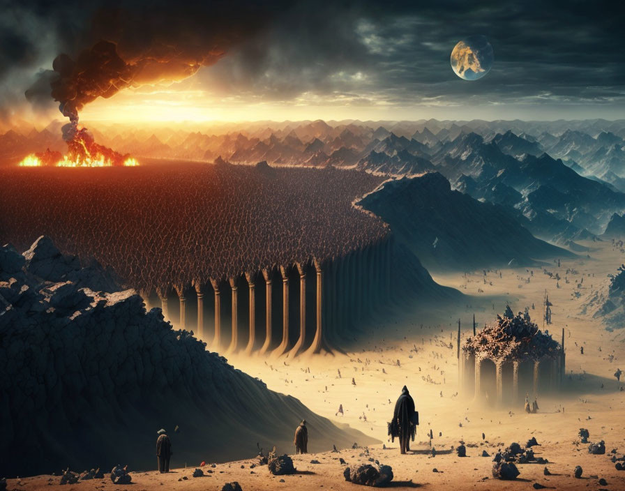 Apocalyptic surreal landscape with explosion, pillars, figures, and large moon