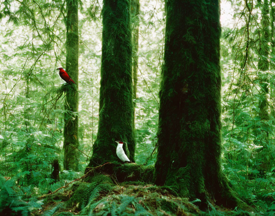 Colorful birds in lush green forest with moss-covered tree and dense ferns