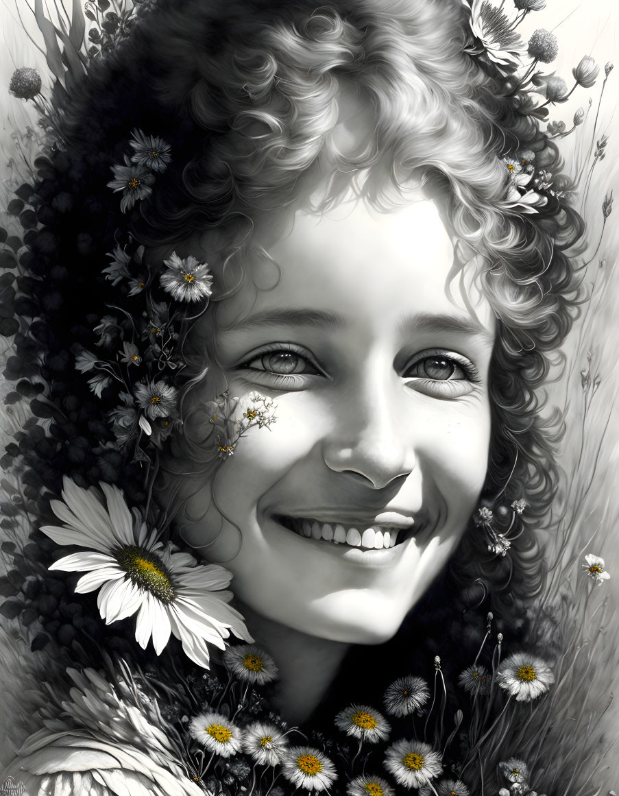 Smiling woman with curly hair and flowers in monochrome portrait