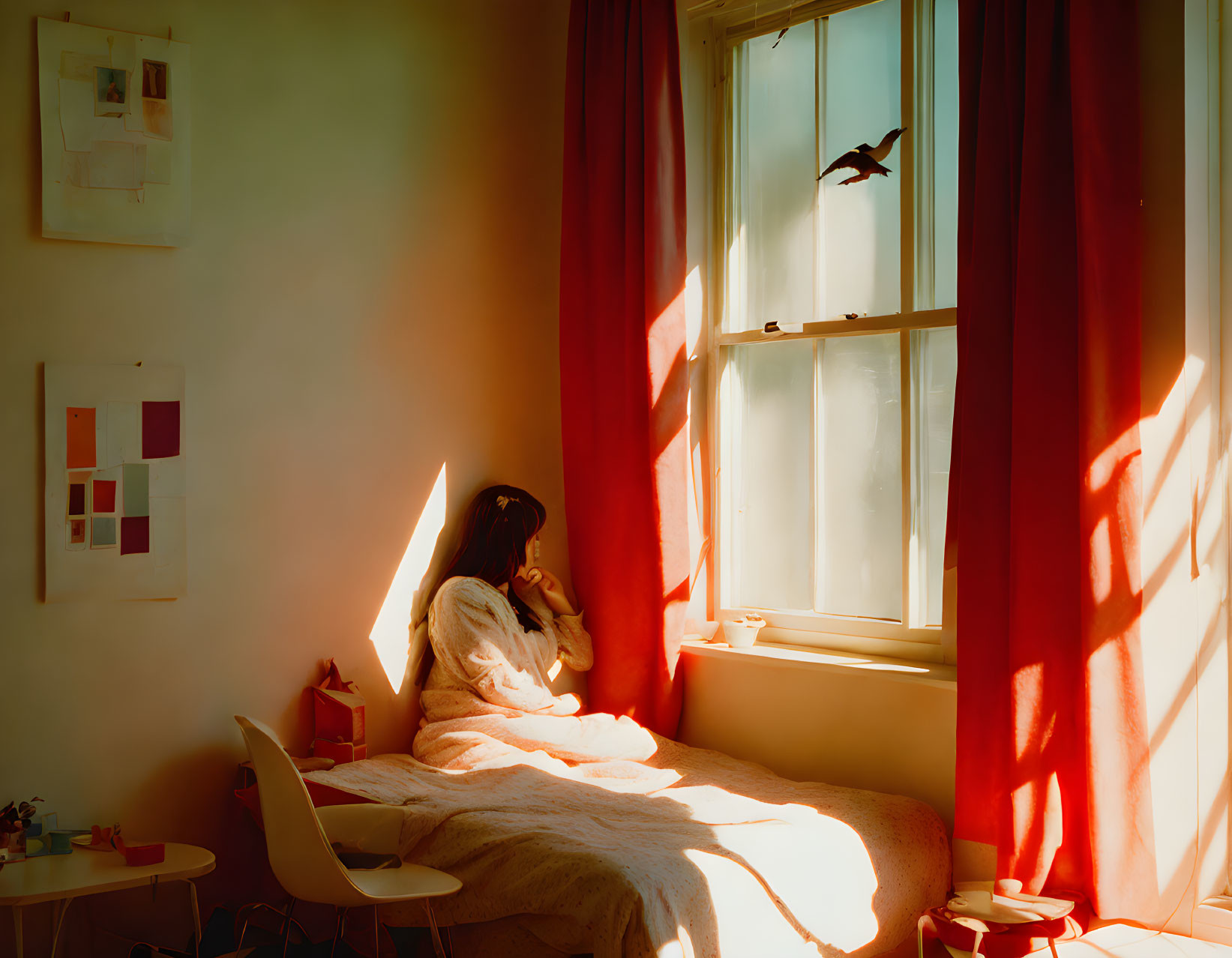 Person sitting on bed in warm sunlight with red curtains, gazing at bird outside