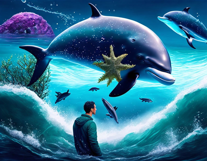 Man Observing Dolphins and Fish in Vibrant Underwater Scene