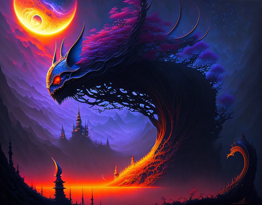 Fantasy scene: dragon around castle under crescent moon and ringed planet in colorful landscape