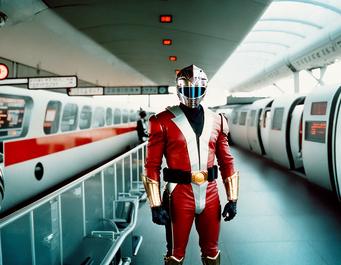 Red and white armored superhero in futuristic train station