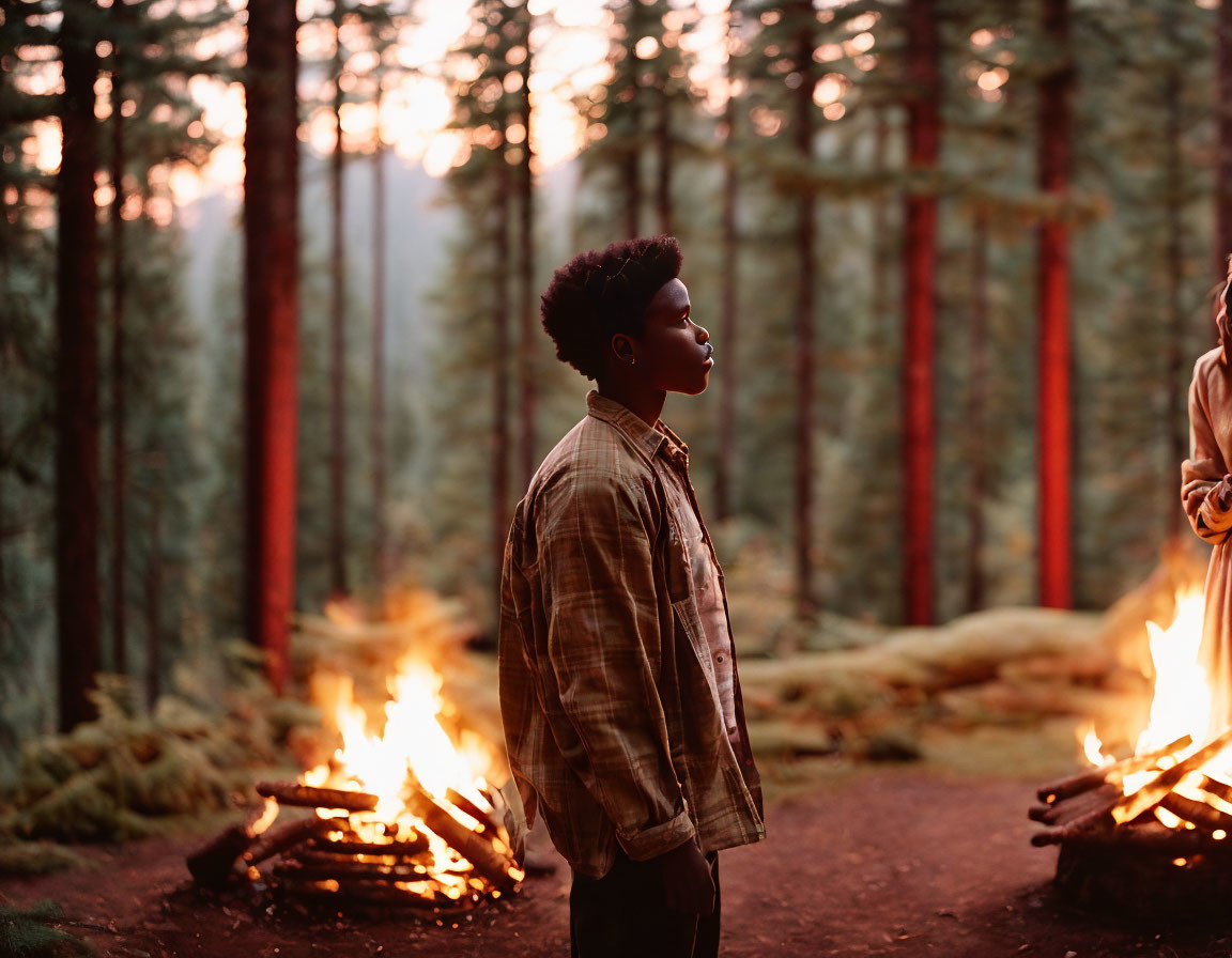 Person in forest at dusk with campfires and tall trees