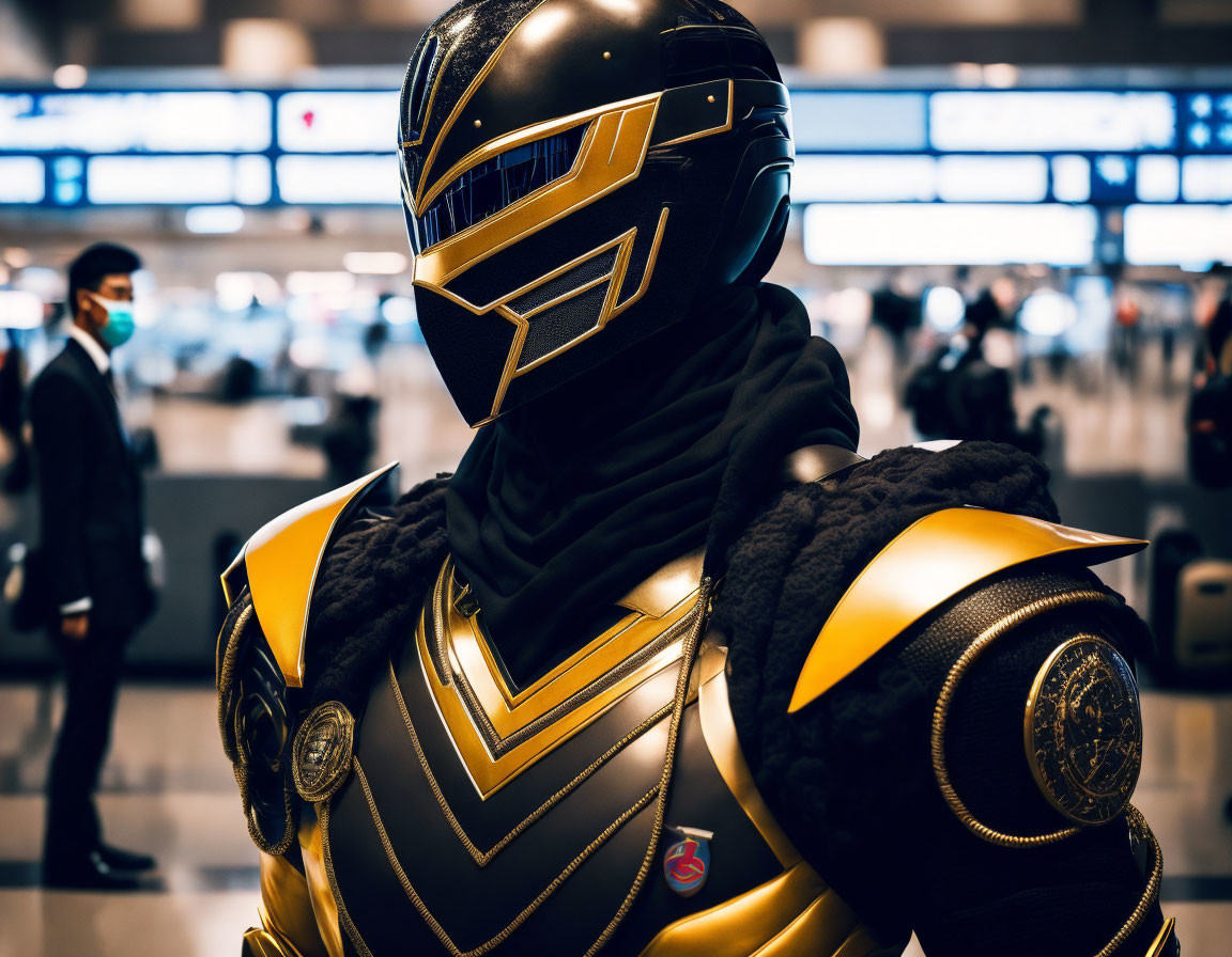 Futuristic gold and black armored suit in airport terminal