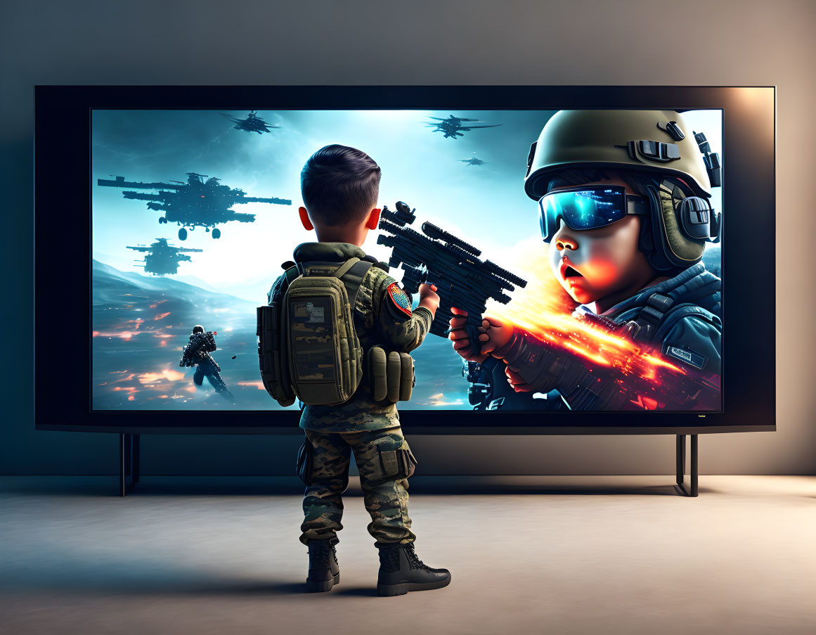 Child in military gear watching animated action scene on large TV.