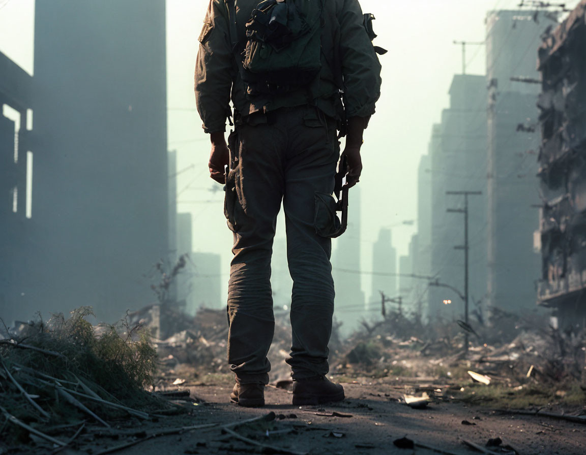 Military person in devastated urban landscape with desolate buildings.