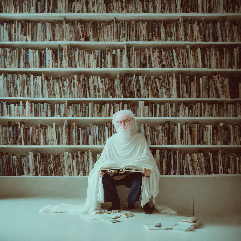 Person reading book in front of wall bookshelf full of books