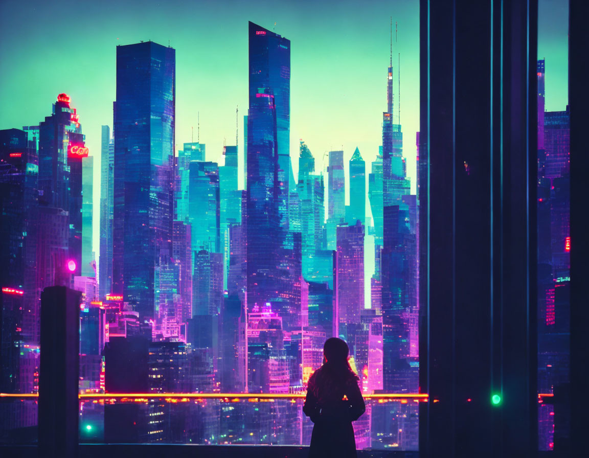 Silhouette of person against neon-lit cityscape at night