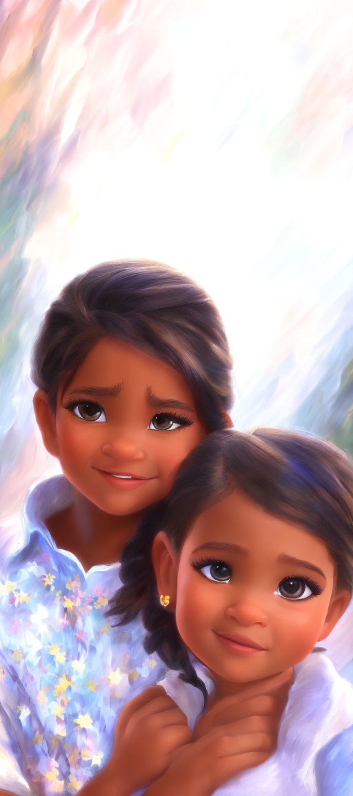 Two smiling children with brown eyes and dark hair against a soft backdrop