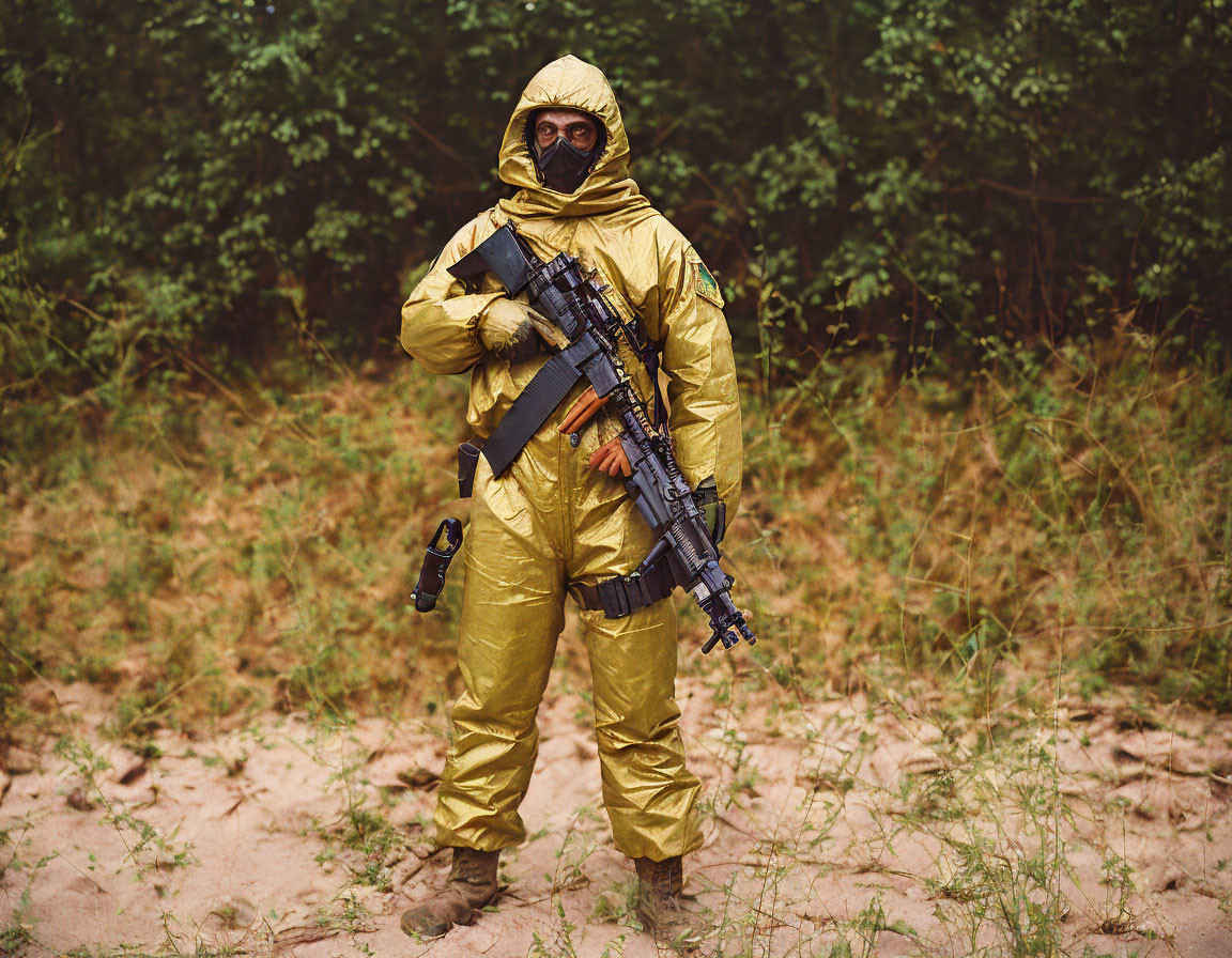 Yellow Hazmat Suit Figure with Rifle in Wooded Area