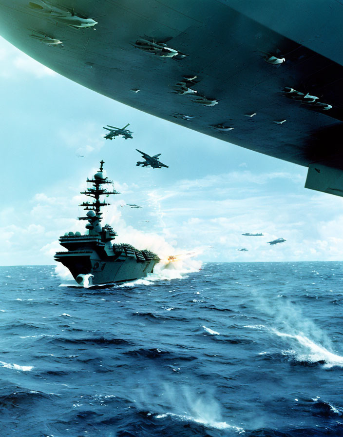 Aircraft carrier at sea with jets flying in formation