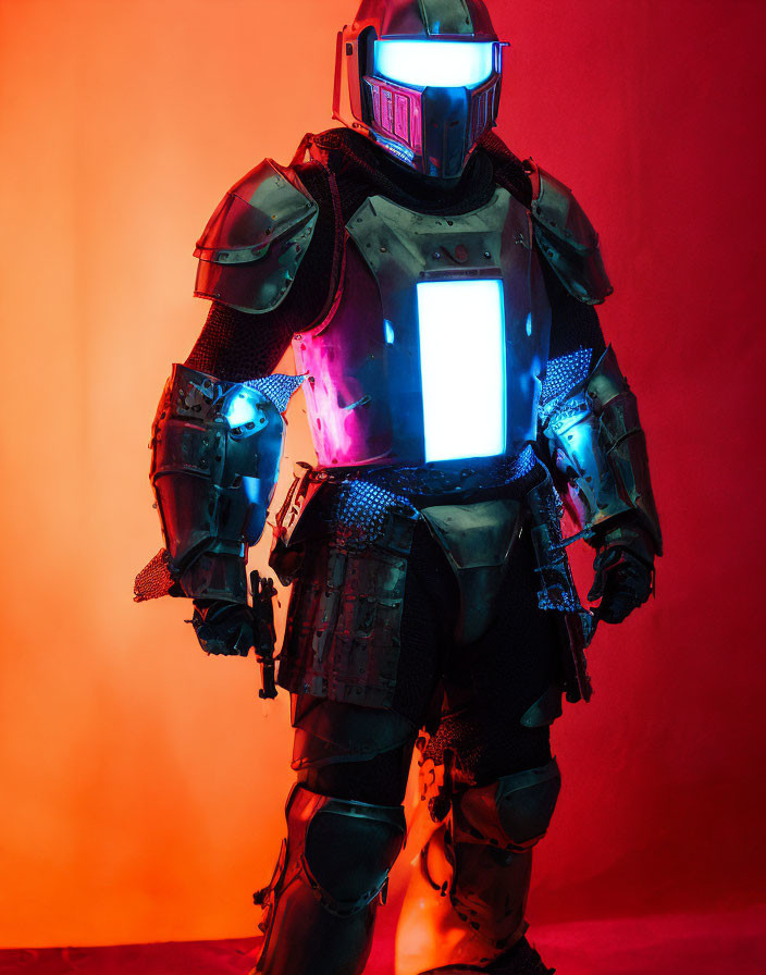 Futuristic armored person with glowing chest and helmet on red background