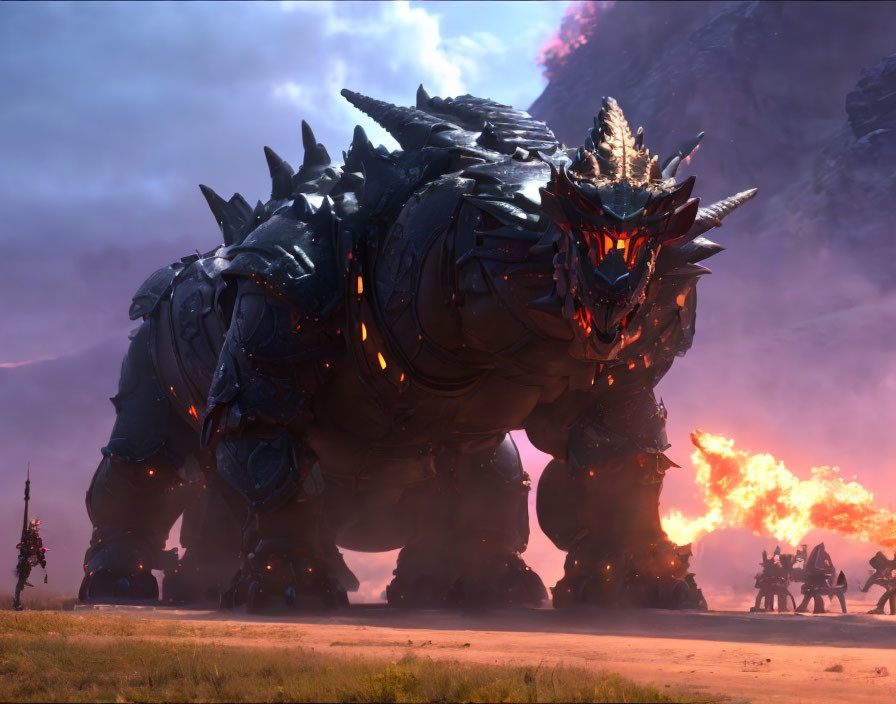 Armored dragon-like beast in fiery battlefield with figures and vehicles.