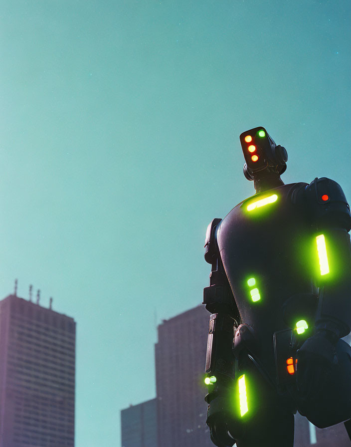 Illuminated robot against city skyline at twilight