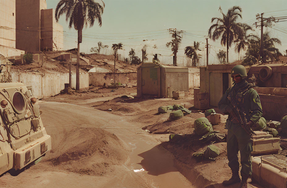 Soldier in green uniform guarding military vehicle in sandy urban setting