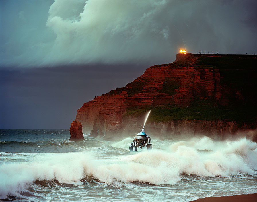 Boat navigating stormy seas near headland with lighthouse