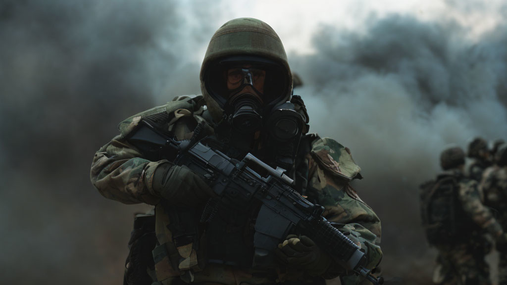 Camouflaged soldier with rifle in tactical gear amidst smoke and comrades