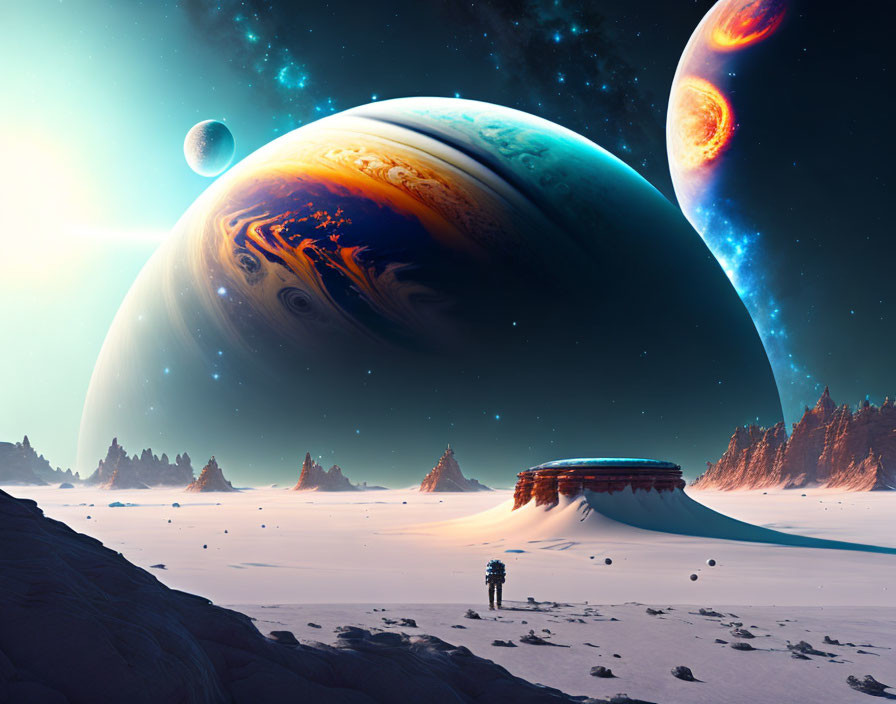 Person Contemplating Massive Planets in Desert Landscape