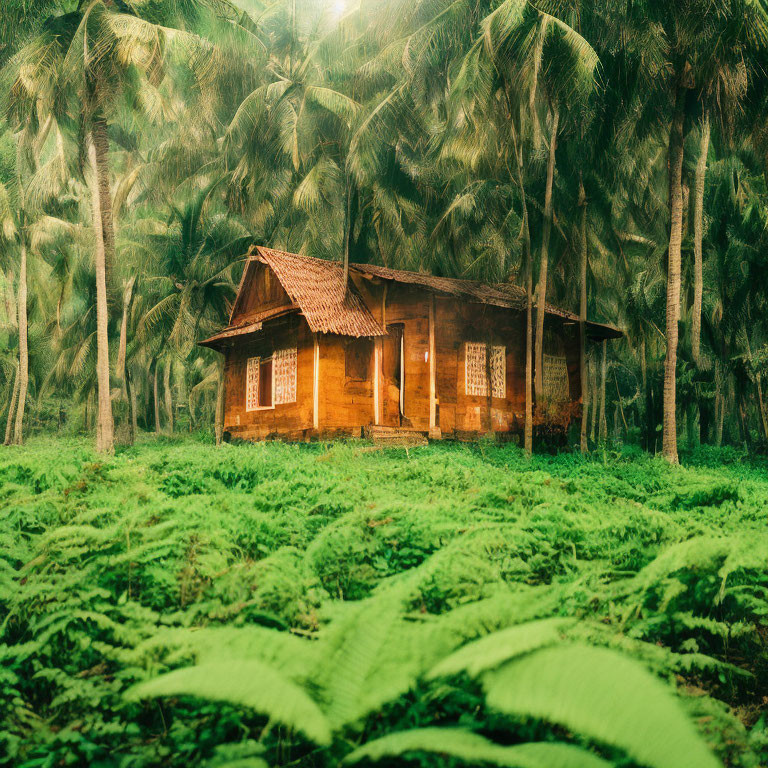 Rustic wooden cabin surrounded by lush green ferns and tall palm trees