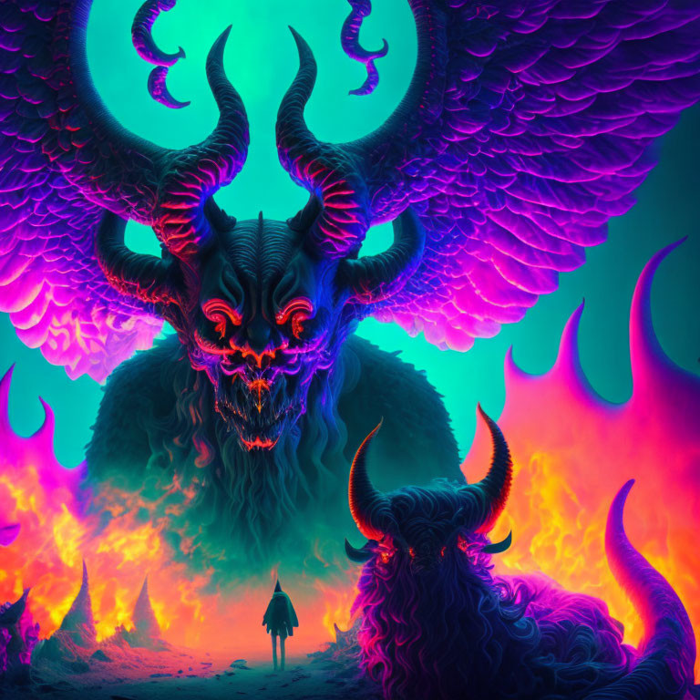 Digital Art: Menacing Multi-Horned Demon Over Silhouette on Fiery Neon Background