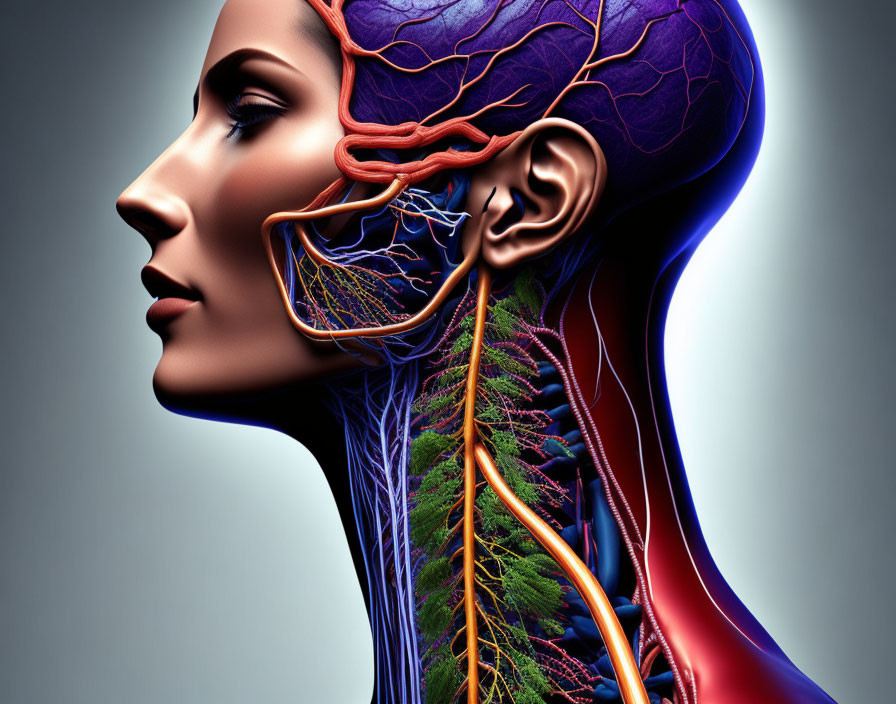 Detailed Human Head Anatomy: Brain, Blood Vessels, Muscles, Nerves