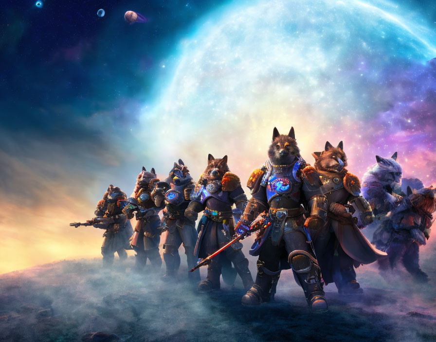 Armored anthropomorphic wolves in cosmic setting.