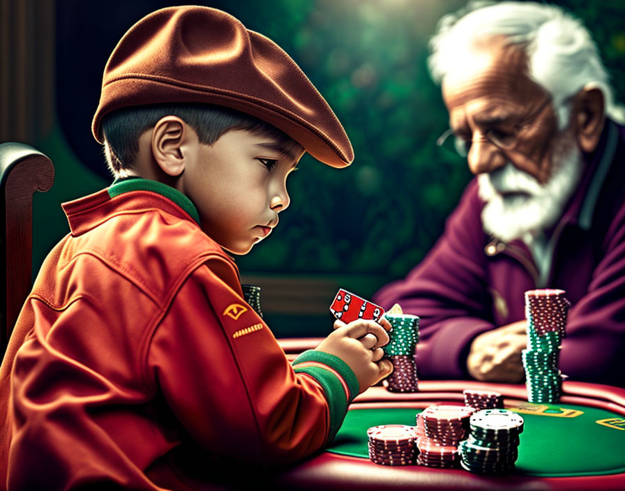 Young boy in cap playing poker with elderly man at table surrounded by chips.