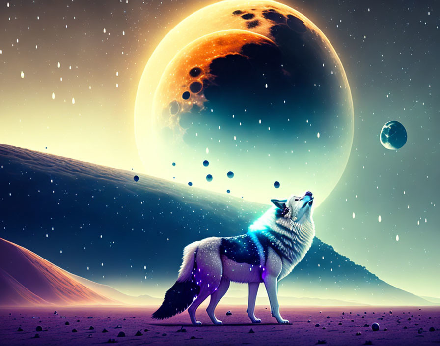 Cosmic-patterned wolf howling under starry alien sky