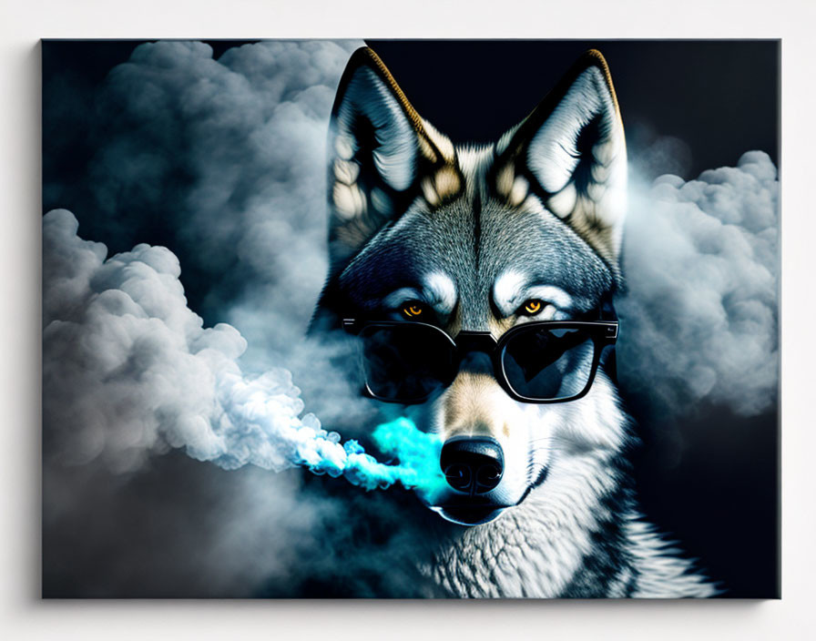 Wolf's head digital artwork with sunglasses in clouds emitting blue mist