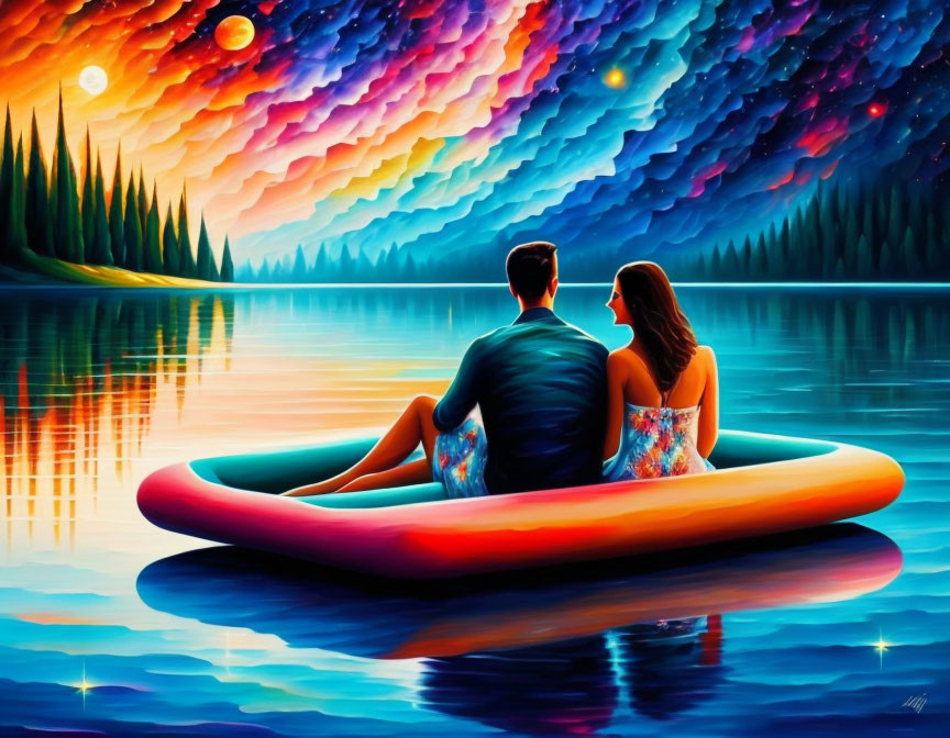 Couple in Canoe on Calm Lake at Sunset with Colorful Clouds