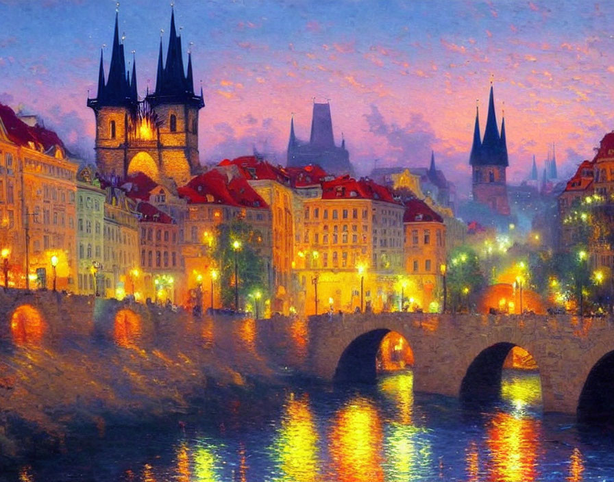 Historic cityscape painting at twilight with illuminated buildings and bridge.