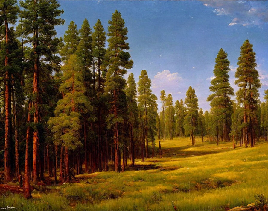 Tranquil forest scene with tall pine trees and sunlit meadow