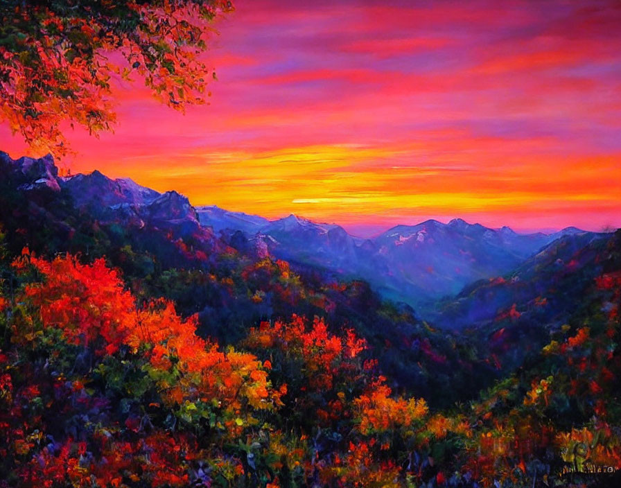 Vibrant landscape painting: Sunset over mountain range with pink and orange hues, surrounded by autumn foliage