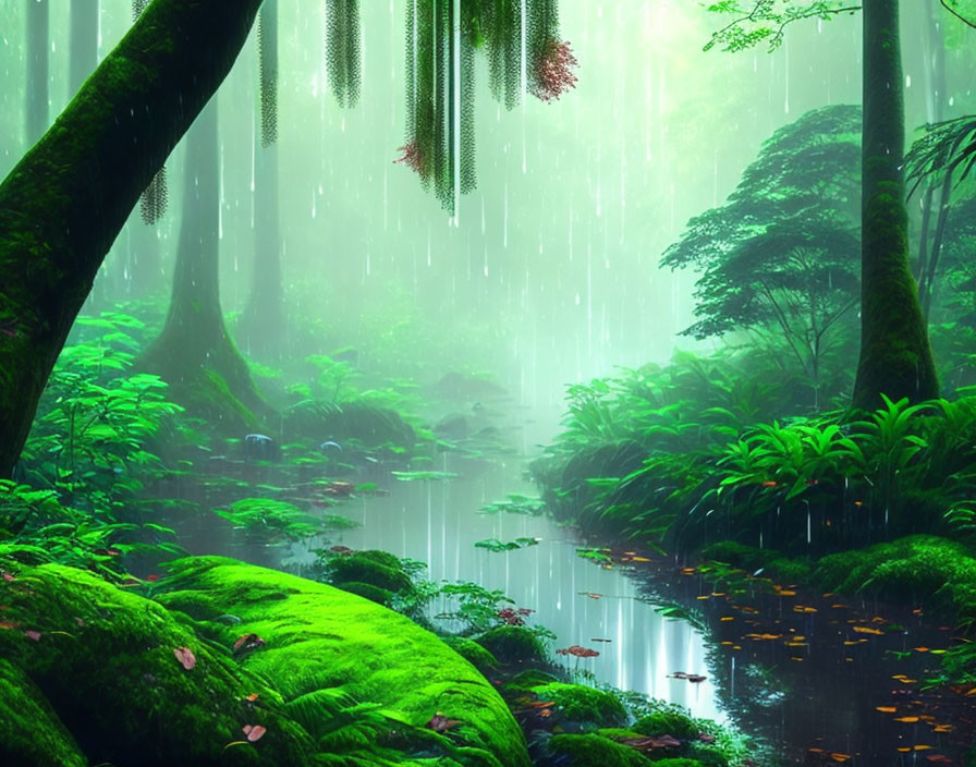 Tranquil forest landscape with greenery, stream, flowers, rain, and mist