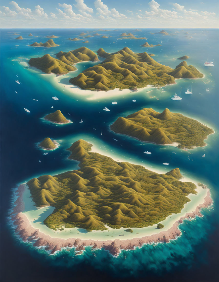 Tranquil archipelago with green islands, turquoise waters, boats, and coral reefs